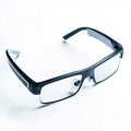 A pair of black framed eyeglasses with clear lenses on a white surface in a studio setting view Royalty Free Stock Photo