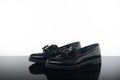 pair black glossy loafer flat woman shoes