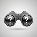 A pair of black and grey binoculars is depicted. Both lenses display large white question marks on Royalty Free Stock Photo