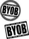 Pair of black grunge style rubber stamp with abbreviation BYOB - bring your own bottle