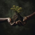 A pair of black hands holding soil, with a small plant growing in it. Theme of environmental conservation Royalty Free Stock Photo