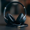 AI Generated Image: Black Headphones with Cord and Plug on Dark Surface Royalty Free Stock Photo