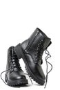 Pair black leather boots with laces white background