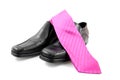 Pair of black male business shoes and pink tie Royalty Free Stock Photo