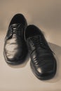 Pair of black old shoes on a light background Royalty Free Stock Photo