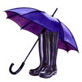 A pair of black rain rubber boots and a blue umbrella, weather season symbol, isolated, hand drawn watercolor Royalty Free Stock Photo