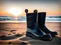 A pair of black rubber boots standing on the beach at sunset. Royalty Free Stock Photo