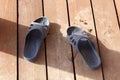 Pair of black rubber slippers on wooden floor Royalty Free Stock Photo