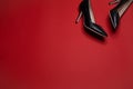 A pair of black spiked pumps shoes on red background Royalty Free Stock Photo