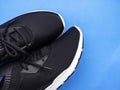 Black sport shoes on blue background