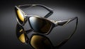 Pair of black sunglasses with yellow tinted lenses on black surface Royalty Free Stock Photo