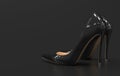 Pair of black womenÃ¢â¬â¢s high-heeled shoes with a pointed toe stand on the plain black background. Black pumps shoes in a classic