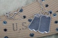 A pair of blank dog tags on U.S. Army uniform world war two era