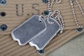 A pair of blank dog tags on U.S. Army uniform world war two era