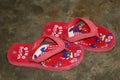 Pair of blank soft red home slippers, design mockup. House plain flops mock up template top view