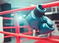 Pair blue boxing gloves hangs off ring. Royalty Free Stock Photo