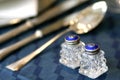 Blue enamel and crystal art deco salt and pepper shakers still life Royalty Free Stock Photo