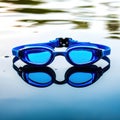 Pair of blue goggles is sitting on the water Royalty Free Stock Photo