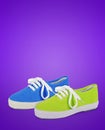Pair of blue and green unisex and kids sport shoes Royalty Free Stock Photo