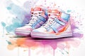 Pair of blue pink sneakers against a vibrant, multicolored paint splash background. In watercolor style. Ideal for ads