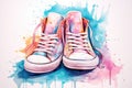 Pair of blue pink sneakers against vibrant, multicolored paint splash background. In watercolor style. Ideal for ads