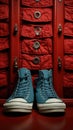 A pair of blue sneakers sitting on top of a red suitcase. Generative AI image. Royalty Free Stock Photo