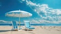 Pair of blue sun loungers and a beach umbrella on deserted beach perfect vacation concept Royalty Free Stock Photo