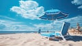 Pair of blue sun loungers and a beach umbrella on deserted beach perfect vacation concept Royalty Free Stock Photo