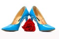A pair of blue women`s heel shoes with red rose isolated on white background Royalty Free Stock Photo