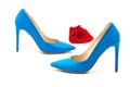 A pair BLUE of  women`s heel shoes with red rose isolated on white background Royalty Free Stock Photo