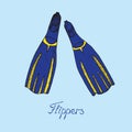 Pair of blue and yellow flippers, hand drawn doodle sketch with inscription, isolated vector illustration