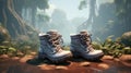 A pair of boots sitting on top of a rock, AI