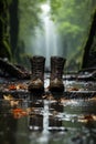 A pair of boots standing in a puddle of water. Generative AI image.