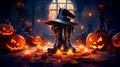 Pair of boots with witches hat sitting on top of pile of pumpkins. Generative AI