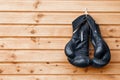 Pair of boxing gloves hanging in a rustic wooden wall. Royalty Free Stock Photo