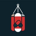 A pair of boxing gloves hangs from a punching bag used for boxing practice, Punching bag and boxing gloves display, minimalist Royalty Free Stock Photo