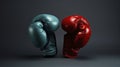 pair of boxing gloves, one red and one blue, facing each other on a solid gray background, creating a sense of competition, ai Royalty Free Stock Photo