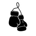 Pair of boxing gloves on string. Silhouette doodle icon. Hand drawn simple illustration of attribute for sport. Black isolated