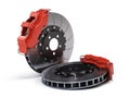 Pair of Brake Discs with Red Sport Racing Callipers on white