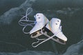 A pair of brand new skates with laces lies on the ice with cracks of the beautiful Lake Baikal in winter.