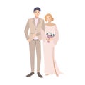 Pair of bride and groom standing together. Young cute man and woman dressed in old fashioned or retro wedding clothes