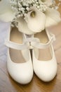 Pair of brides shoes with weddig boquet