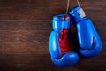 A pair of bright blue and red boxing gloves hangs against wooden background. Royalty Free Stock Photo