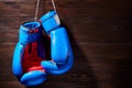 A pair of bright blue and red boxing gloves hangs against wooden background. Royalty Free Stock Photo