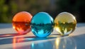Pair of bright glass marbles casting reflections on a smooth surface Royalty Free Stock Photo