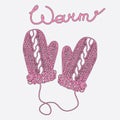 Pair of bright pink winter knitted mittens with braid sketch style illustrations isolated on white background.