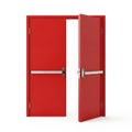 Red Double Doors with Push Bars Opened on a White Background red doors emergency exit Royalty Free Stock Photo
