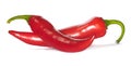 Pair of bright ripe red chili peppers white