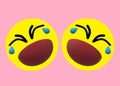 A pair of bright yellow emoticon smiley icon of a crying face with tears light pink rose backdrop