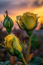 A pair of bright yellow roses sit side by side on a surface Royalty Free Stock Photo